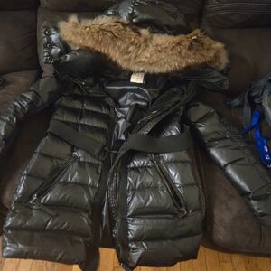 SAM. Shiny Black Puffer Jacket with Faux Fur Hood Real Fur